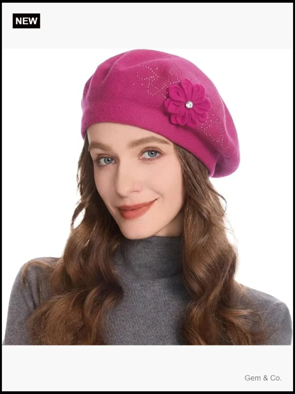 Reversible Knit Beret with Floral Trim - One Size